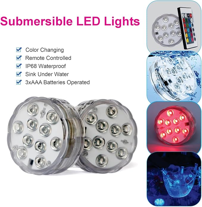 Submersible LED Lights with Remote, Color Changing Battery Operated Underwater LED Pool Light for Inground Pool and Above Ground Pool, Hot Tub Bathtub Decoration (4 Packs)
