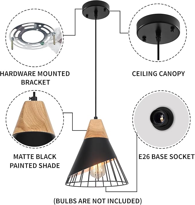 Black Pendant Light, 3 Packs 9.4inch Farmhouse Pendant Light, Kitchen Pendant Lights, Black Pendant Lights Kitchen Island for Living Room, Bar, Bedroom, Office