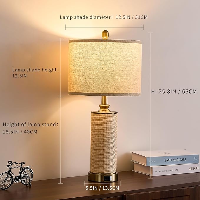 Gold Boho Farmhouse Rattan Table Lamps set of 2, Touch Control desk Lamps, 3 Way Dimmable Grass Rope Large BedsideTable Lamp with Usb A+C for Living Room/Bedroom/Office(2 LED Bulbs Included)
