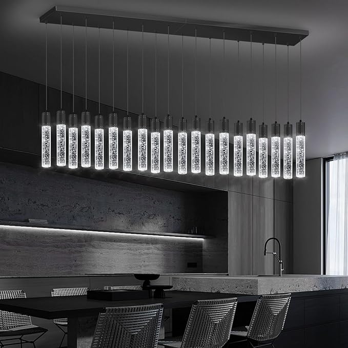 20-Lights Modern Crystal Rectangular Chandeliers LED Pendant Light for Kitchen Island High Ceiling Chandelier for Dining Room Entrance Foyer Living Room Black