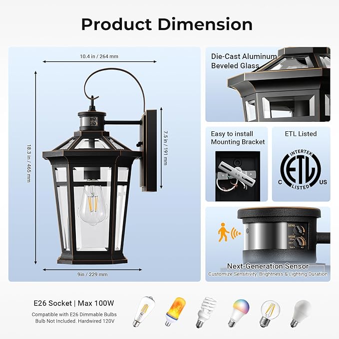 VIANIS Large Outdoor Porch Lights Wall Mount, Aluminum Motion Sensor Porch Lights Outdoor Lantern, Black with Gold Trim Exterior Lighting Fixtures, Waterproof Exterior Lighting Fixtures Dusk to Dawn