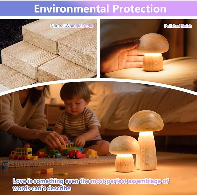 Mushroom Night Lights Rechargeable, Cordless Wooden Mushroom Table Lamps, Portable Desk Lamps for Bedroom, Studyroom, Living Room, Office, Birthday Gifts