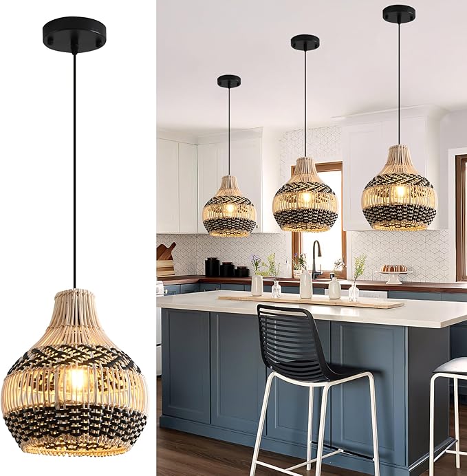 3-Pack Rattan Pendant Light,11" Hand-Woven Black Faux Boho Wicker Pendant Light Mini Rattan Hanging Light Fixture Farmhouse Woven Chandelier for Kitchen Island Bedroom Dining Room