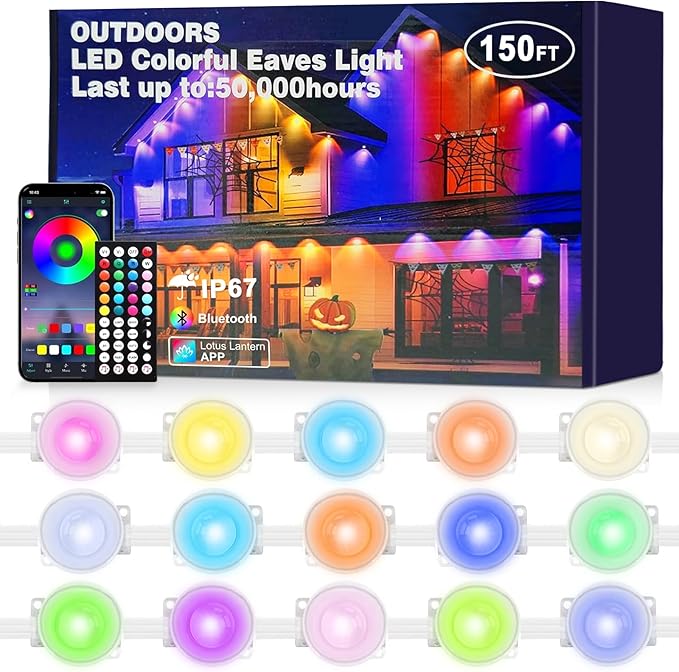 150FT Permanent Smart RGB LED Eaves Outside Lights, Music Sync, Timing Function, Remote Control and IP67 Waterproof LED Outdoor String Lights for All Holiday