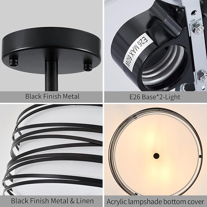 Drum Semi Flush Mount Ceiling Light Fixture Vintage Modern Farmhouse 2-Lights Linen Drum Ceiling Lighting Rustic Black Ceiling lamp for Dining Room, Bedroom, Kitchen, Laundry Room