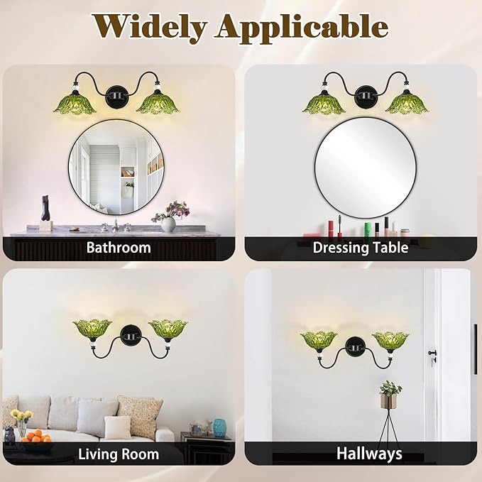 Black Bathroom Vanity Light, 2-Light Vanity Light with Floral Green Glass Shades,Vintage Farmhouse Wall Mount Lighting for Bathroom, Dressing Table