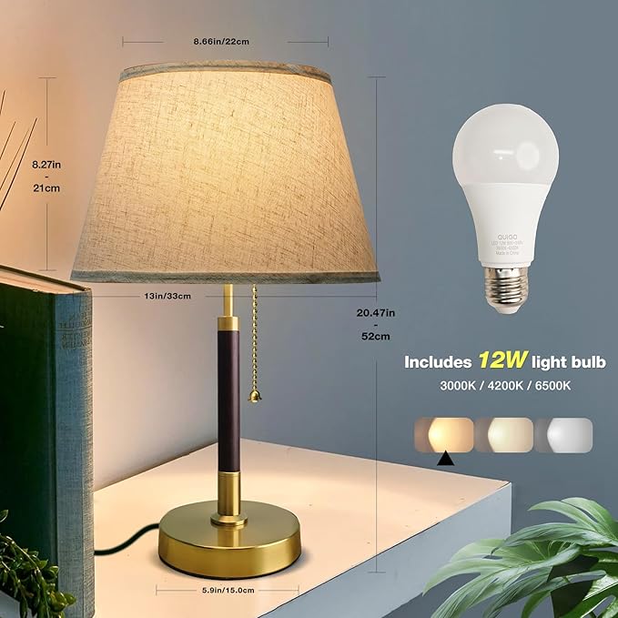 QUIGO Bedside Table Lamp for Bedroom Living Room,3 Color Temperature,Bedside Lamps for Nightstand with Linen Lampshade,Solid Wood & Brass,Modern End Table Lamp,Led Side Table Desk Lamp Vintage BW03T