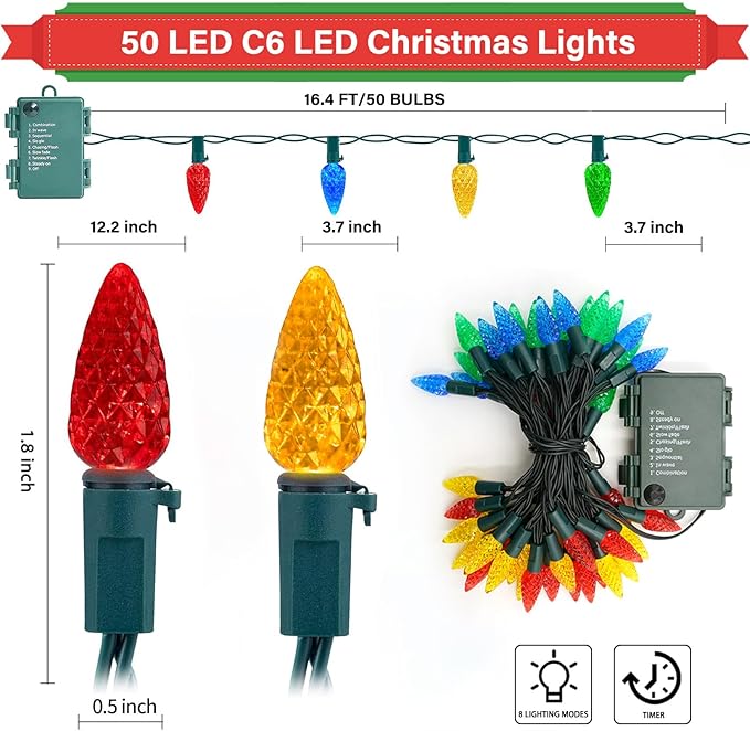 50LED C6 Christmas Lights Battery Operated, 16.4FT C6 Christmas Lights Battery Powered with Timer, 8 Modes, Waterproof for Outdoor Garden Patio Indoor Xmas Tree Bedroom Party, Multi-Color