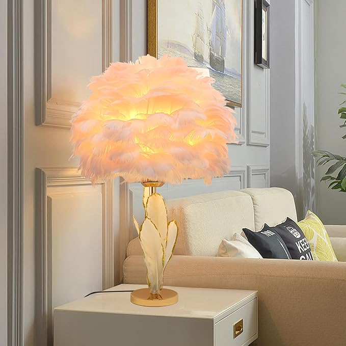 Pink Feather Lamp Goose Furry Table Lamp Princess Modern Fluffy Desk Lamp Simple Wedding Decor Romantic Bedside Night Light for Girl Bedroom Living Room Hotel