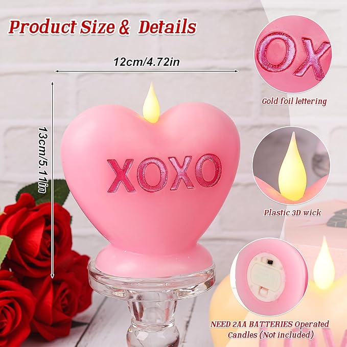 3 Pack Valentine's Day Candles Heart Candle Flameless Candles Flickering Battery Operated LED Heart Shaped Candles with Realistic Warm Flame Effect Romantic Decor for Wedding Anniversary