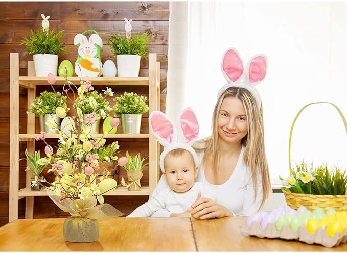 RoseCraft Easter Decorations, 18 Inch Pre-Lit Easter Egg Tree Tabletop Decor with Delicate Ornaments, for Home Party Wedding Holiday Spring Summer Decoration, Yellow/Pink.