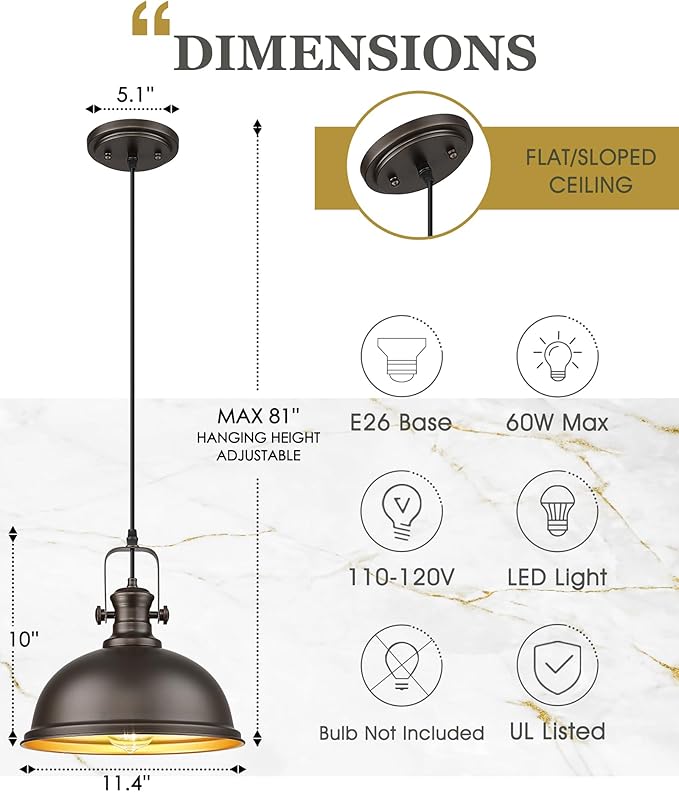 Pendant Lights Kitchen Island, Farmhouse Hanging Lights Fixtures with Metal Shade, Rustic Kitchen Pendant Lighting Over Island for Dining Room, Oil Rubbed Bronze, AD-2151-1PL-ORB