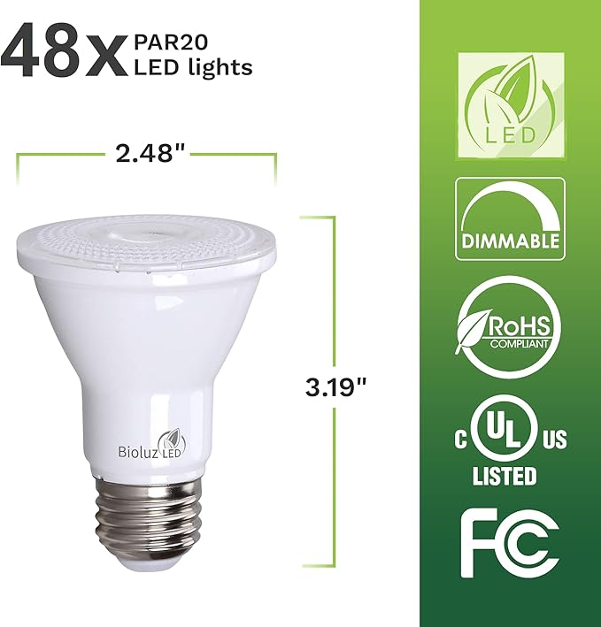 Bioluz LED PAR20 Bulbs 5000K Daylight 90 CRI 5.5W = 75W Replacement Dimmable LED Light Bulbs, 500 Lumens, UL Listed, Title 20, 48-Pack - Incandescent & Daylight Light Bulbs