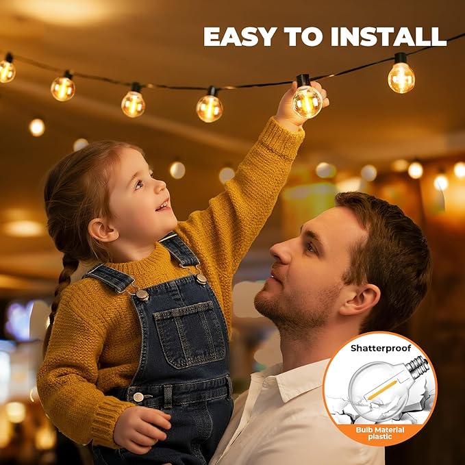 50 Pack LED G40 Replacement Bulbs for String Lights, Shatterproof Plastic Globe Bulb for Indoor Outdoor Patio Decor, E12 Candelabra Socket Base, Warm White
