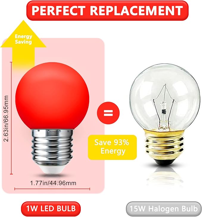 LED Red Light Bulb 15W Equivalent, 1W LED Colored Night Lights, G45 Christmas Globe Light Bulbs, Mini Edison E26 Base Bulb for Vanity Bulbs, Porch, Holiday String Fairy Mood Lights Decor, 6 Pack