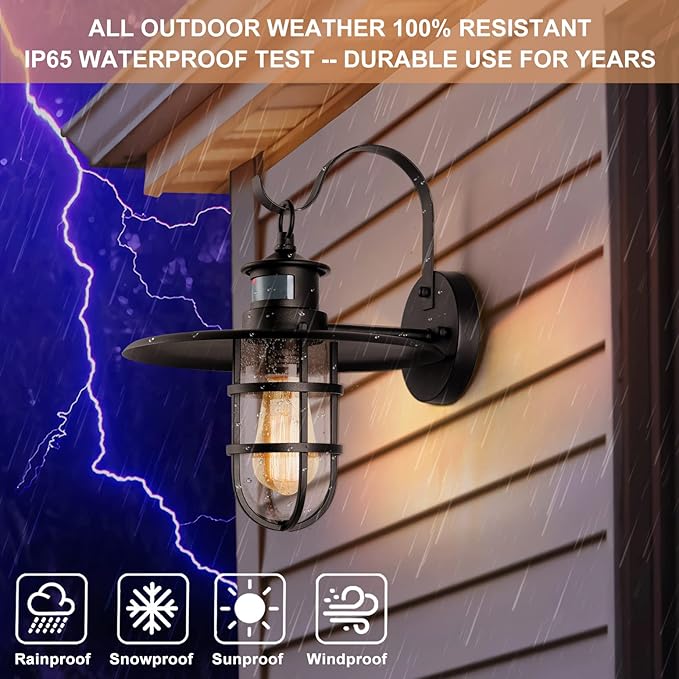 Motion Sensor Kerosene Oil Outdoor Wall Light Fixture,Waterproof Dusk to Dawn Porch Lantern Wall Mount with Seeded Glass for Entryway Doorway Garden,3 Modes Exterior Patio Retro Wall Sconce
