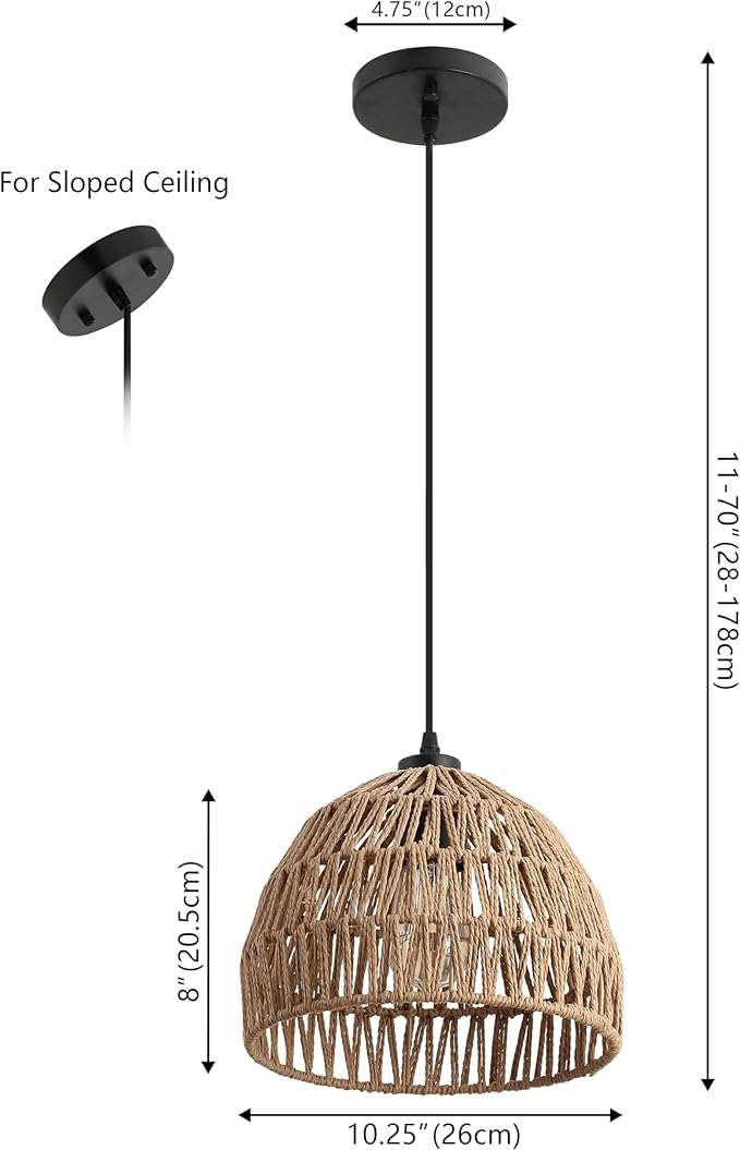 JONATHAN Y 10.25" Brown Modern Bohemian Woven Rope LED Pendant Light Fixture, Adjustable Dome Ceiling Lamp for Kitchen Island, Rope Shade, Coastal Farmhouse Decor (JYL6513E)