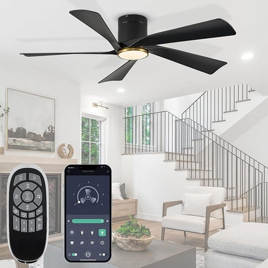 Ceiling Fan with Light and Remote/APP, 52” Flush Mount Ceiling Fans, 6 Speeds Mute Reversible Motor, 3CCT, Dimmable,Black Low Profile Modern Ceiling Fans for Indoor and Outdoor, Bedroom, Patios