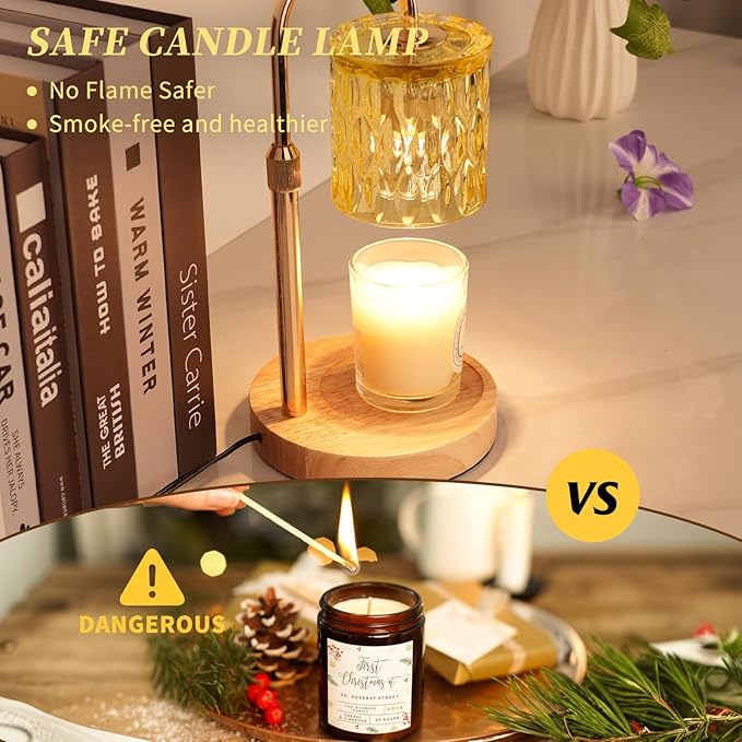 Candle Warmer Lamp with Timer and Dimmer, Height and Brightness Adjustable,Glass Electric Wax Warmer with 2 Bulbs for Women Mom Gifts, Home Decor for Scented Jar Candles (Yellow)