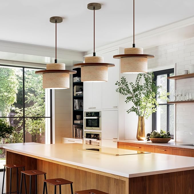 Nordic Pendant Light Natural Yellow Travertine Lamp Simple Wabi Sabi Lamp Suitable for Restaurant Bedside Kitchen Island Cafe Wood Pendant Light (Walnut Color)