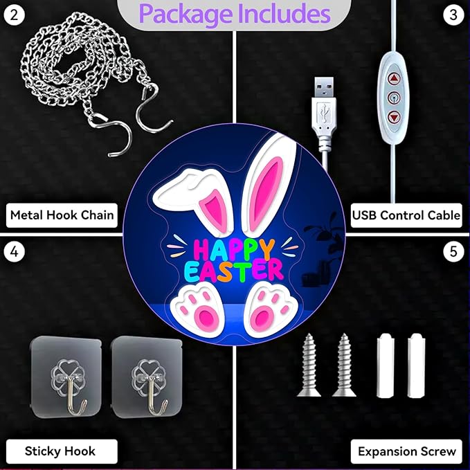 Happy Easter Neon Sign, LED Light Up Cartoon Bunny Decorations for Kids Bedroom, Nursery Room, Classroom, Home, Acrylic Wall Mounted Lighted Rabbit Decor, Easter Gifts for Boys and Girls, 14 x 10 Inches, USB Powered
