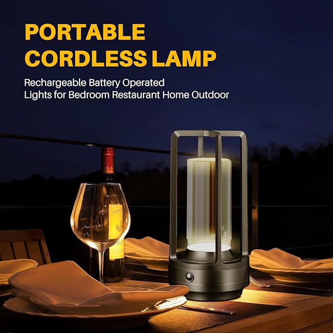 Rechargeable Table Lamp Cordless, 3 Color | Crystal | Stepless Dimming, for Dining Room, Living Room, Bar, Cafe, Restaurant, Patio, Camping, Pack of 2 (Black)