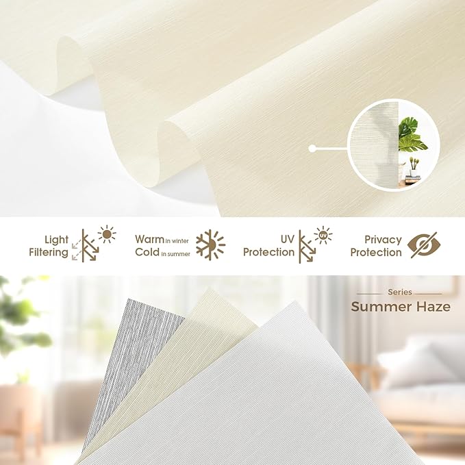 HeyBlinds Motorized Roller Shades, Smart Blinds for Windows, Remote Automatic Window Shades, Electric Shades, Light Filtering, Compatible with Alexa Google Apple Home (Summer Haze-Cream LF)