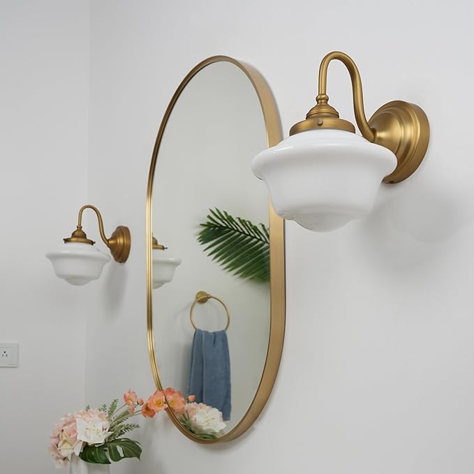 Pathson Vintage Wall Sconce with Milk White Glass, Hardwired Gooseneck Wall Vanity Light Bathroom Sconce Fixture for Living Room, Foyer, Loft, Bedroom, Farmhouse Lamp