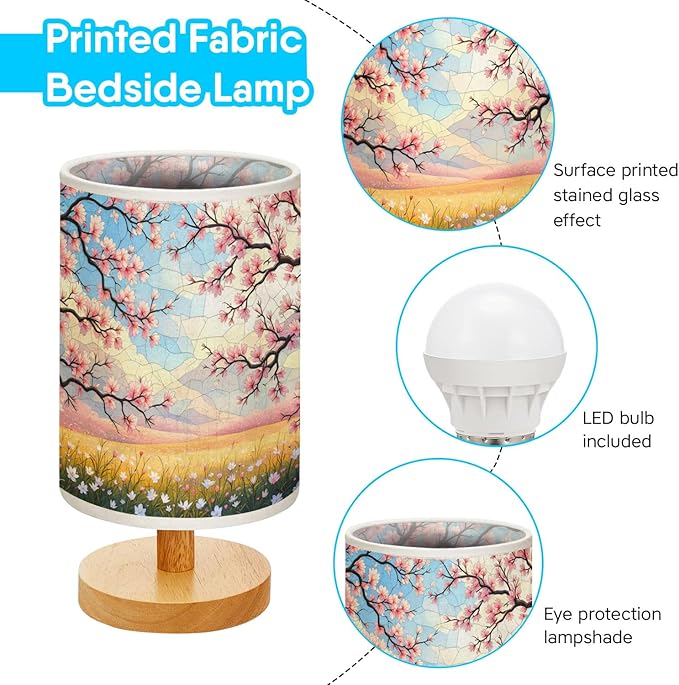 Cherry Blossom Field in Full Bloom Table Lamp LED 3-Color Pressed Bedside, Cherry Blossom Field in Full Bloom Shade Lamp with Wood Base for Bedroom Living Room Desk Office TL01