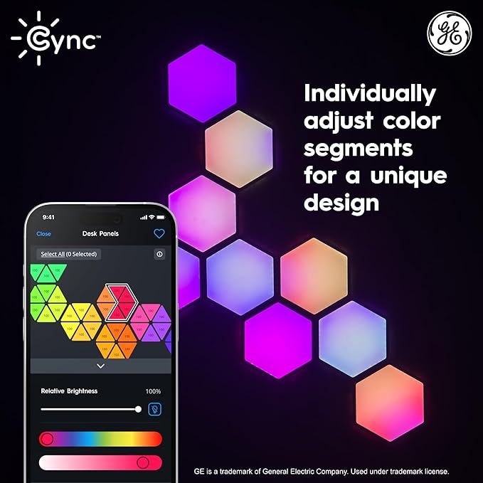 Cync GE Dynamic Effects Indoor Hexagon WiFi Smart LED Color Changing Lights, Wall Light Panels for Room Décor, Gaming Setup, Music Sync LED Wall Art, Works with Alexa and Google, 10 Panels