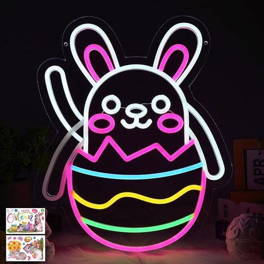 Easter Neon Sign for Wall Decor with Sticker, Waving Bunny Neon Lights, Dimmable LED Easter Rabbit Egg Window Decoration, Light Up Lamp Gift for Bedroom, Bar, Gameroom Decor, Wedding Birthday Party