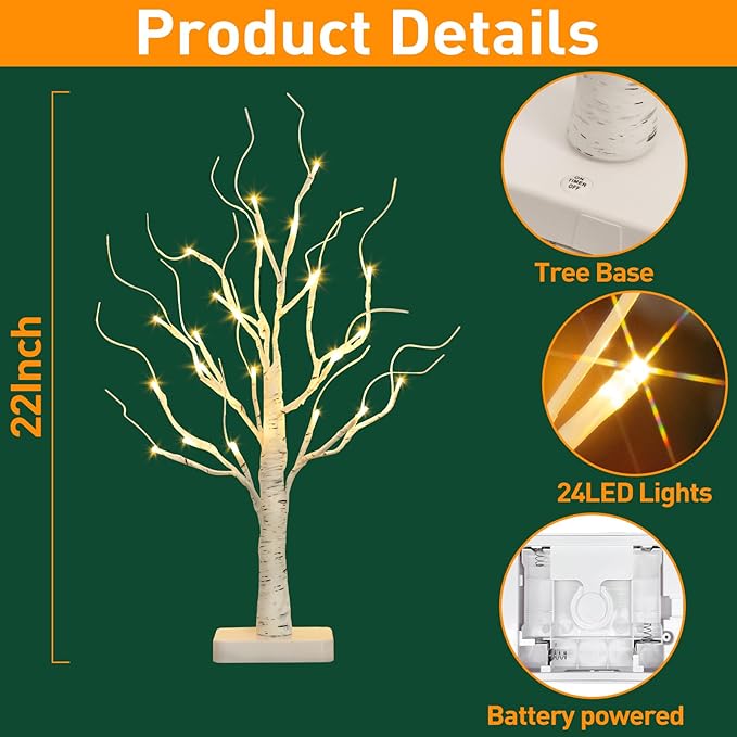 EAMBRITE Birch Tree with Led Lights, Christmas Decorations for Home Indoor with Timer, Lighted Mini Small Artificial Lamp Prelit Twig Tree Battery Operated for Xmas Table Centerpiece Party Decor