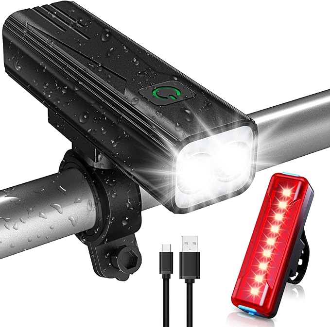 Bike Lights, 1200 Lumen USB Rechargeable LED Bike Light Set, Super Bright Bicycle Lights Front & Back Tail Light, Aluminum Alloy Cycling Bike Flashlight Torch, 5 Light Modes, IPX5 Waterproof