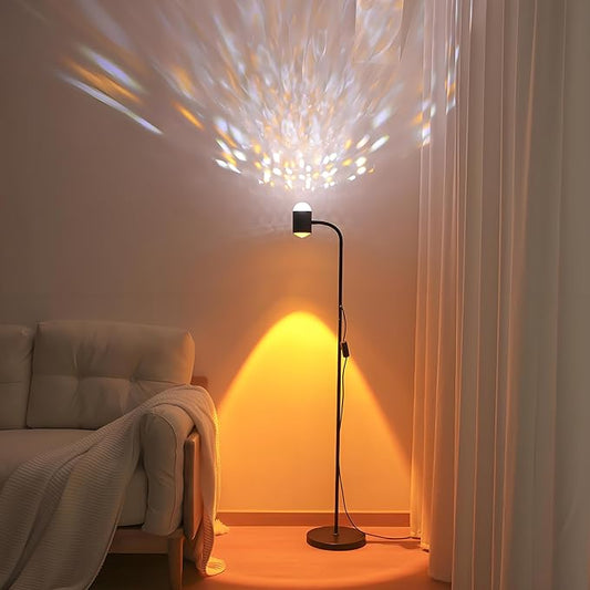 Sunset Projection Floor Lamp with 3D Waves, Dual Head Sunset Lamp with Creative DIY Mode, Multiple Colors and Interchangeable Background Mode, 360 ° Rotating Atmosphere, Sunset Mood Floor Light