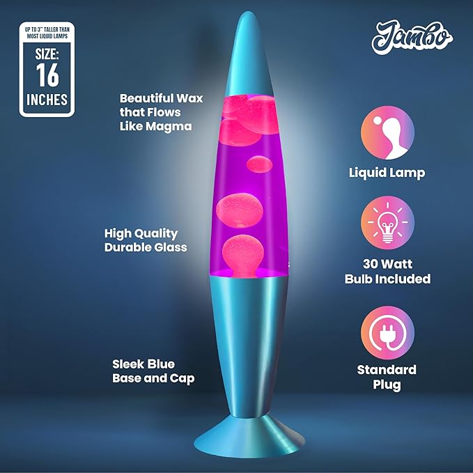 JAMBO 16" Beautiful Lamp- Purple with Pink Wax, Relaxing Liquid Light, Night Light Nightlight, Home Decor Living Room Office Bedroom Lamp for Adults Teens Kids, Magma Motion