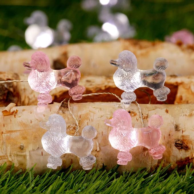 Poodle String Lights USB Power Battery Operated with Remote 10FT 30LEDs Pink Gray Lantern Twinkle Light Ornamental Pet Dog Lovers Gifts for Home Tent Birthday Party Wedding Decorations