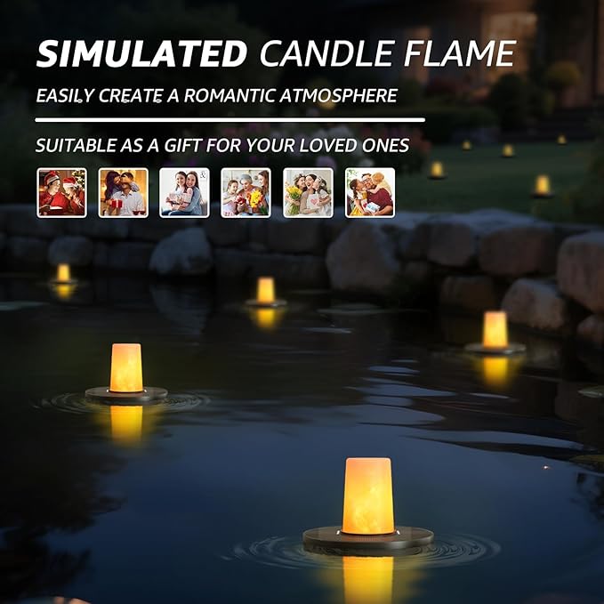 Solar Floating Pool Lights 2-Pack, 3.8” Small Floating Flickering Candles for Pools, Pond, Garden & Outdoor Decor, IP66 Water-Resistant, Auto Dusk-to-Dawn, 8-Hour Ambient Lighting