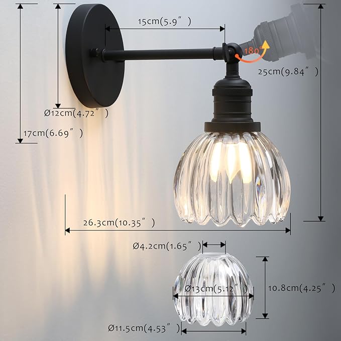 Pathson Adjustable Wall Sconce Lamp with Tulip Thick Glass, Hardwired Bathroom Sconce Matte Black Wall Vanity Light Fixture for Living Room Farmhouse Bedside Lighting