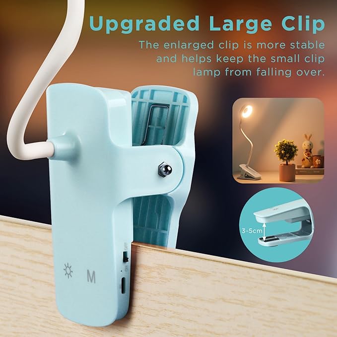 Desk Lamp LED Clip on Light, 5 Modes 5 Brightness Dimmable Clamp Light, Rechargeable Battery Flexible Clip on Reading Lamp for Bed Headboard Bunk Bed at Night for Kids (Blue)