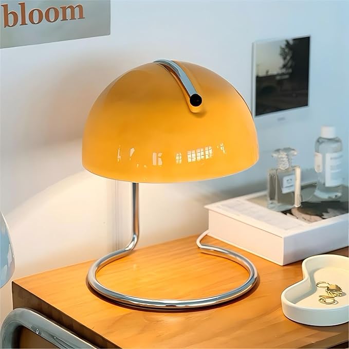 LIGHTLAND Modern Table Lamp, 8.7 Inch Bauhaus Style Semicircle Shape Bedside Lamp with Glass Shade and Metal Lamp Body, Glass Table Lamp for Study, Bedroom, Living Room (Pack of 1, Orange)