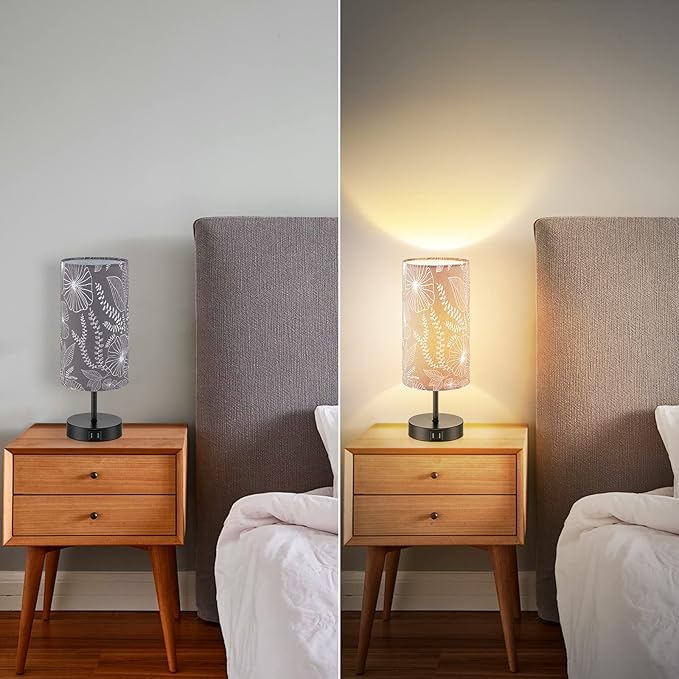 Touch Control Bedside Lamp with 2 USB Ports, 3-Way Dimmable Table lamp for Bedroom, Nightstand Lamp with Round Grey Fabric Shade for Living Room Home Office (E26 LED Bulb Included)