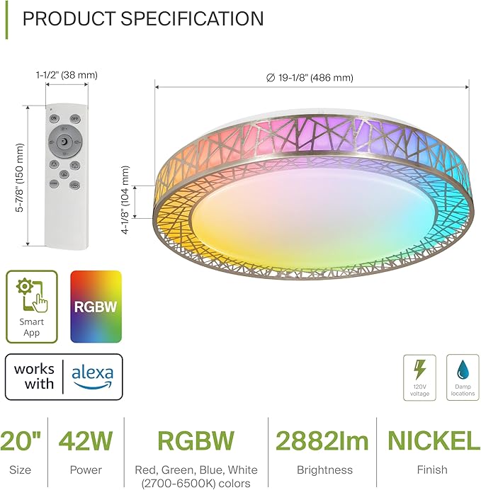 ASD 20 Inch Smart RGBW Flush Mount Ceiling Light with Remote - Brushed Nickel 42W 120V 2700-6500K Dimmable Ceiling Light Fixture, WiFi App Control RGB Lights, Alexa & Google Assistant - ETL