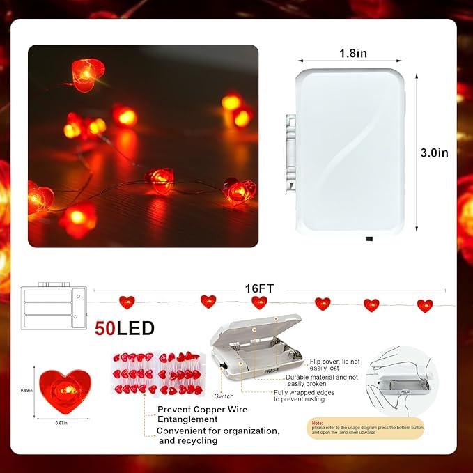 ZGWJ Valentines LED Fairy Lights, 2 Pack 50LED 16FT Red Heart String Lights Battery Operated,Waterproof Valentines Lights for Wedding Party,Mother's Day Decor Indoor Outdoor Decoration