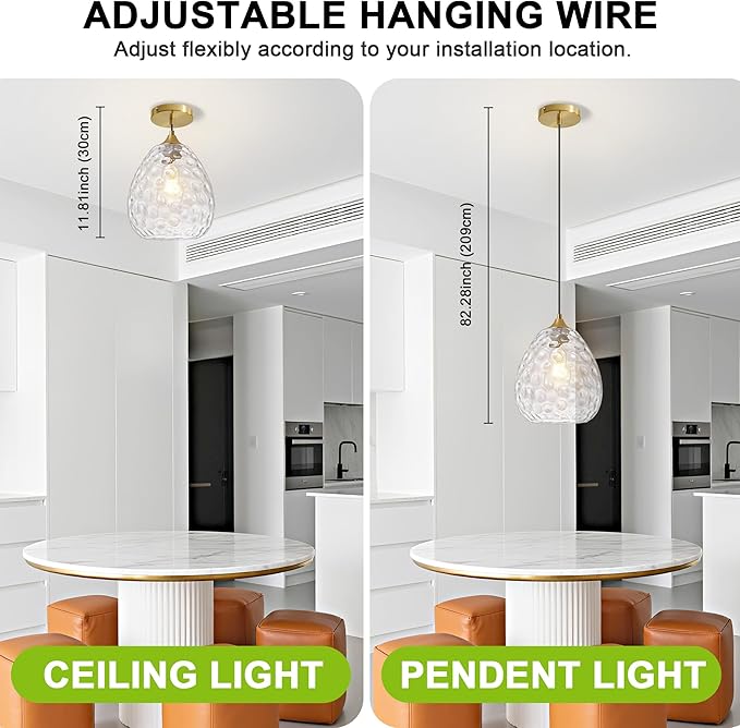 Glass Pendant Lights Kitchen Island, Brass Gold Pendant Lighting Fixtures, Modern Hanging Ceiling Light with 8.27'' Hammered Glass Shade for Farmhouse Dining Room Bedroom Hallway(1 Pack)