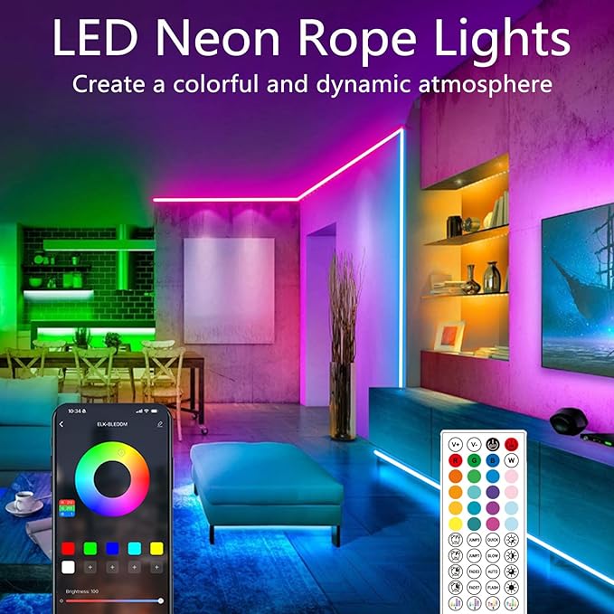 65.6FT Neon Rope Lights,Flexible Led Light Control with App/Remote,Multiple Modes,IP65 Outdoor Waterproof,Music Sync Strip for Bedroom