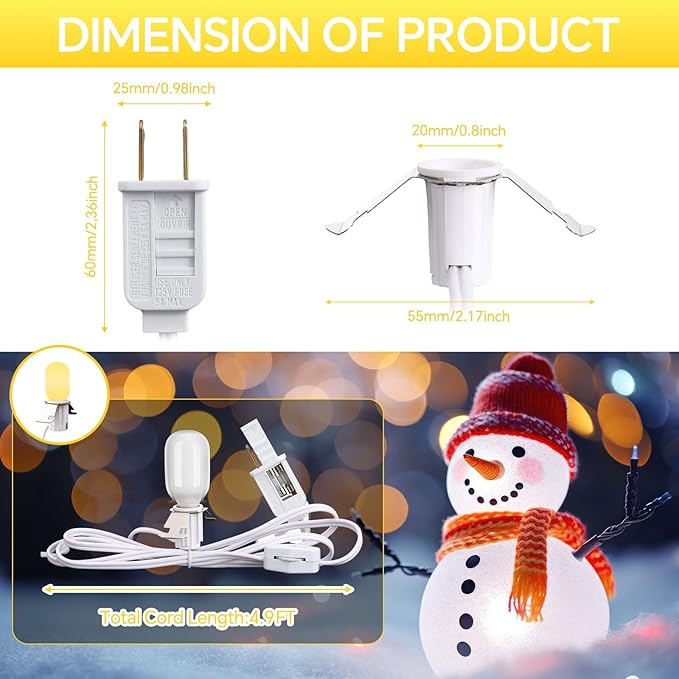 Leelosp 12 Pack Accessory Cord with 1 LED Light Bulb, 4.9 FT Christmas Village Blow Mold Light Cord E12 Clip-On Socket with Double Fuse for Halloween Pumpkin DIY Holiday Decorations