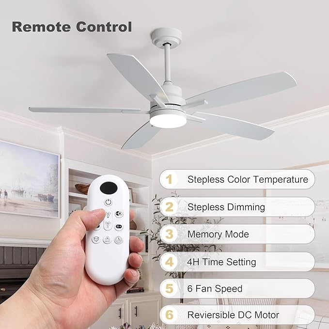 52" Remote Control Ceiling Fan with Light – 6-Speed Quiet DC Motor, Dimmable 3-Color LED, Flush Mount for Bedroom, Living Room, Dining Room,WHITE