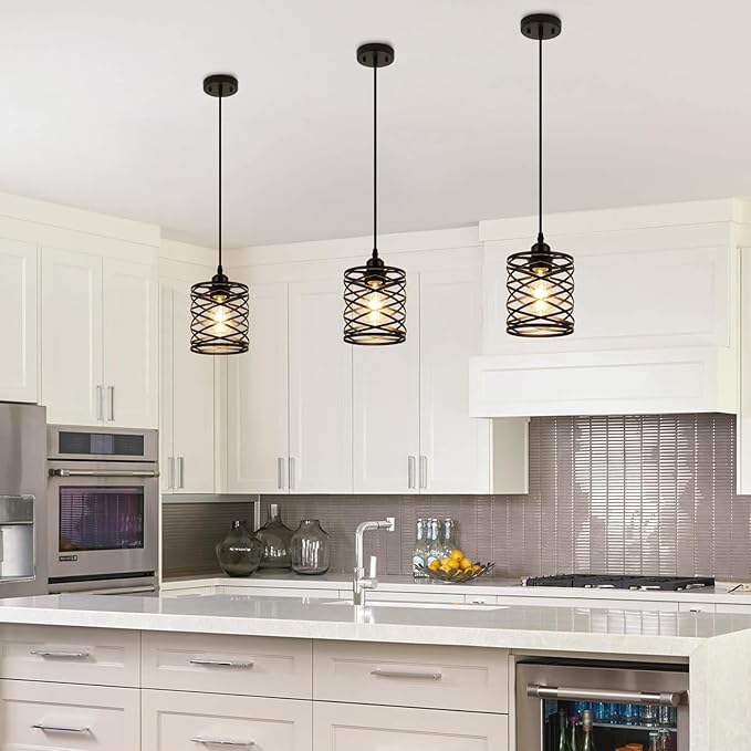 WILON Farmhouse Pendant Lights for Kitchen Island,5.9'' Spiral Cage Pendant Lights,Adjustable Black Industrial Pendant Light Fixtures Retro Lighting for Kitchen Island, Living Room, Bedroom (1-Light)