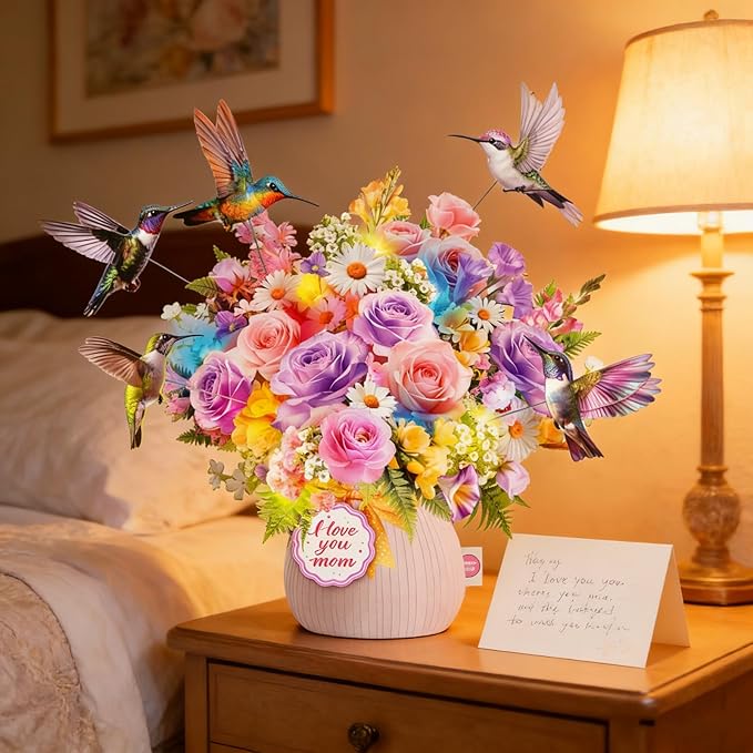 Mothers Day Card with Music & Lights, 3D Pop Up Mothers Day Gift, Hummingbird, 10 Inch Life Sized Forever Flower Bouquet Birthday Card For Mom, Women, Wife
