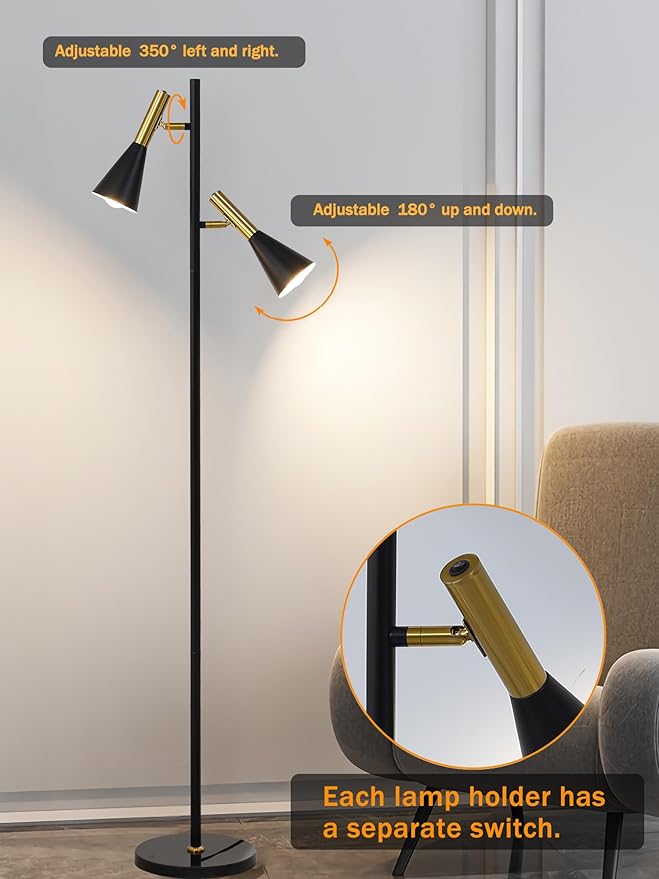 Modern Floor Lamp with 2 Adjustable Head Tall Pole Uplight for Living Room, Bedroom, Office,Gold and Black Corner Light for Reading (Black and Gold)